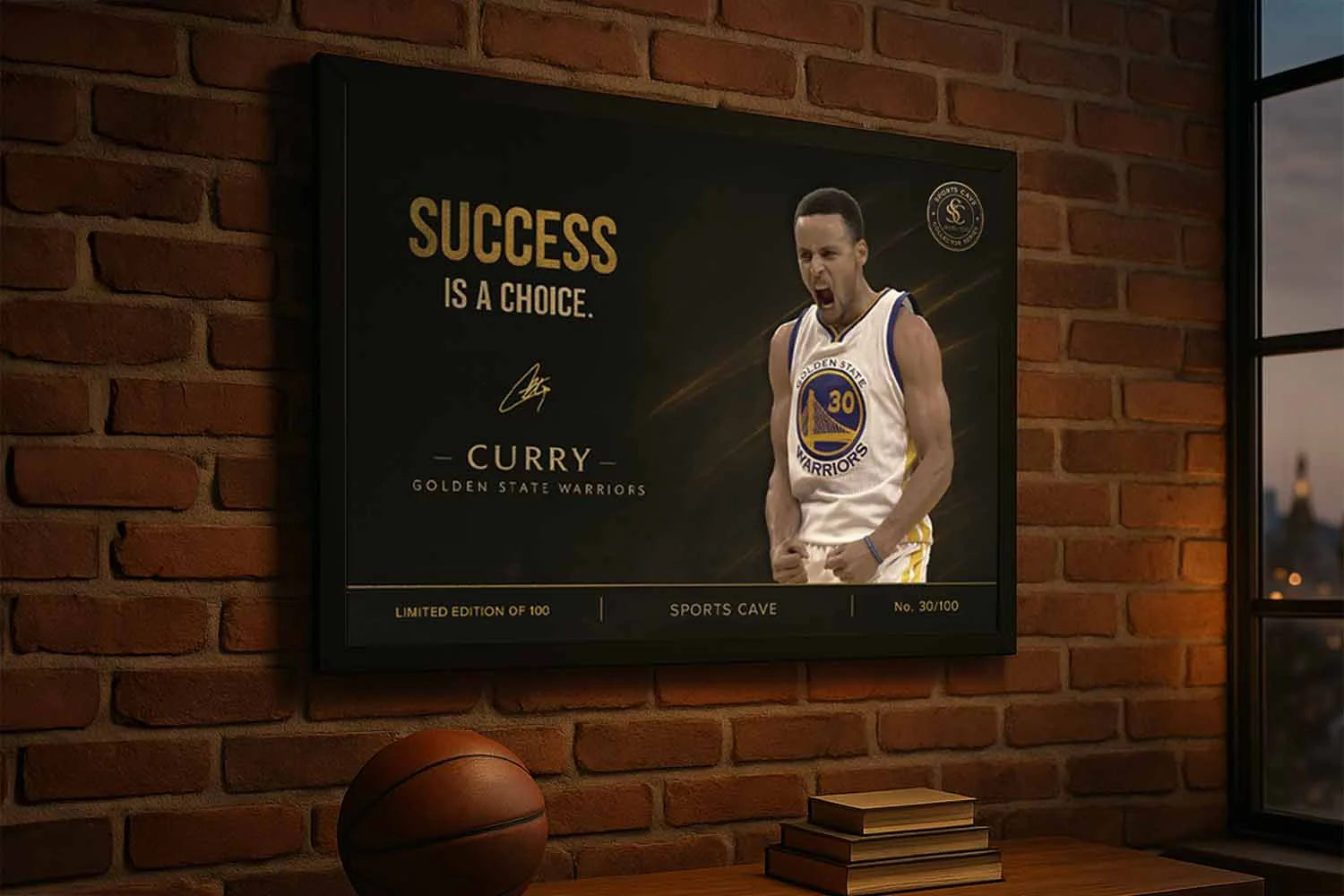 Stephen Curry motivational NBA wall art in black frame on brick man cave wall – Sports Cave limited edition print