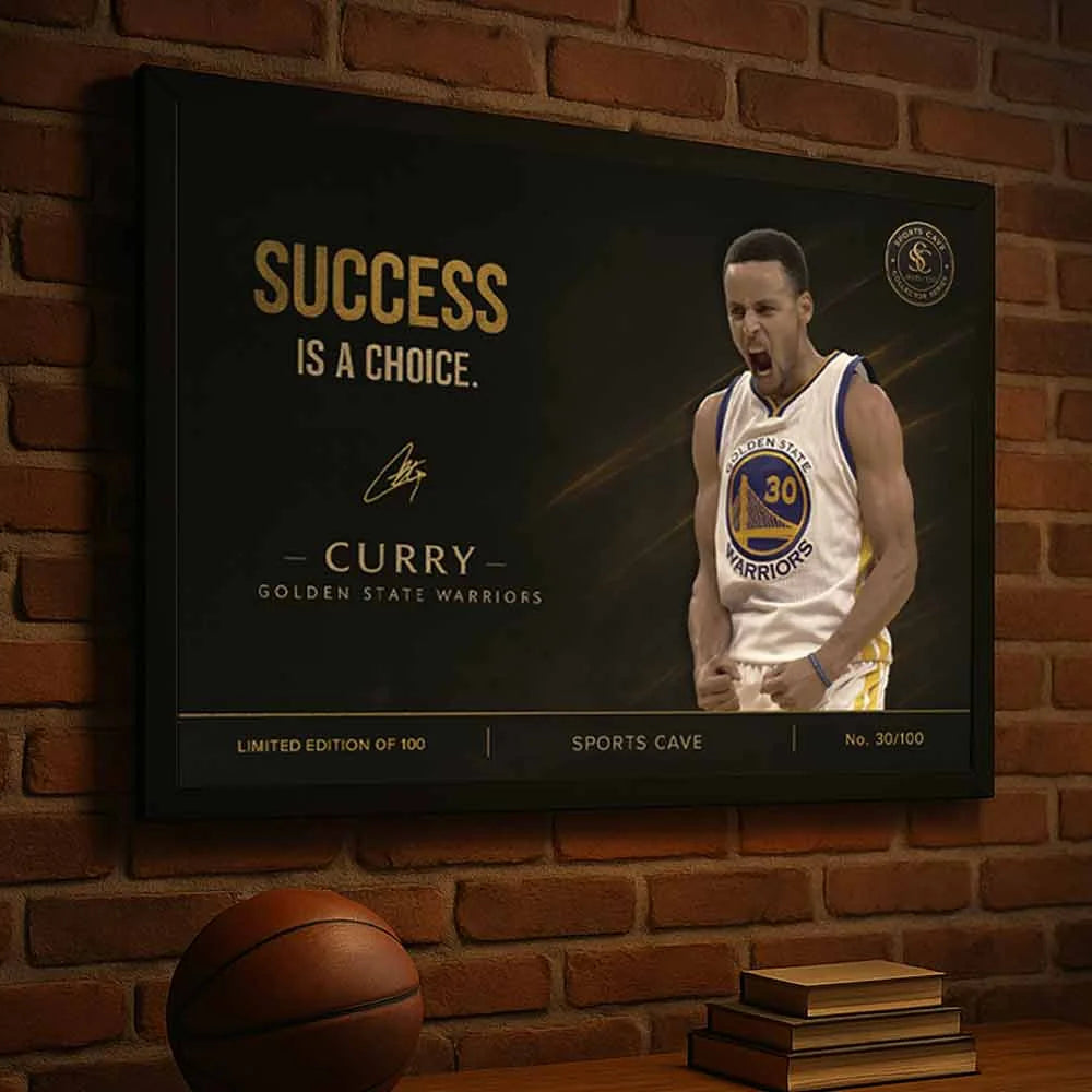 Stephen Curry motivational NBA wall art in black frame on brick man cave wall – Sports Cave limited edition print