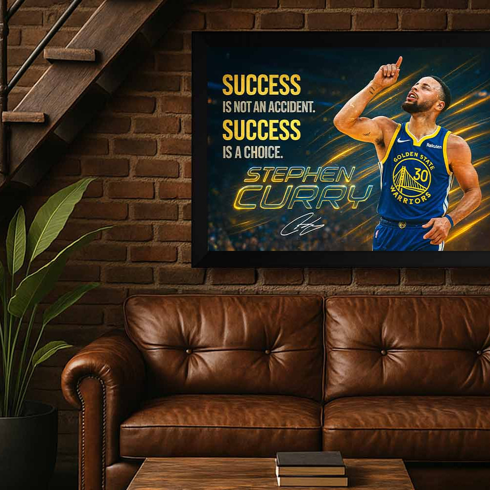Framed Stephen Curry motivational wall art in a cozy man cave, featuring Golden State Warriors design from www.sportscaveshop.com.