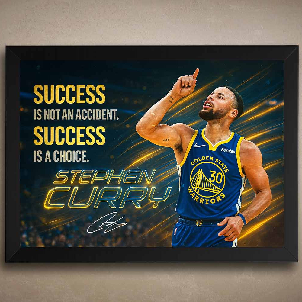 Framed Stephen Curry wall art featuring motivational quote, Warriors jersey, and Curry pointing upward in celebration.