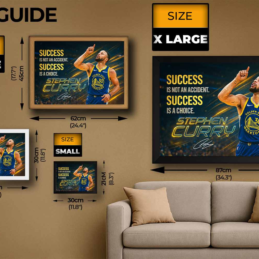Stephen Curry motivational framed wall art in four sizes, premium NBA decor from www.sportscaveshop.com for true Golden State fans.