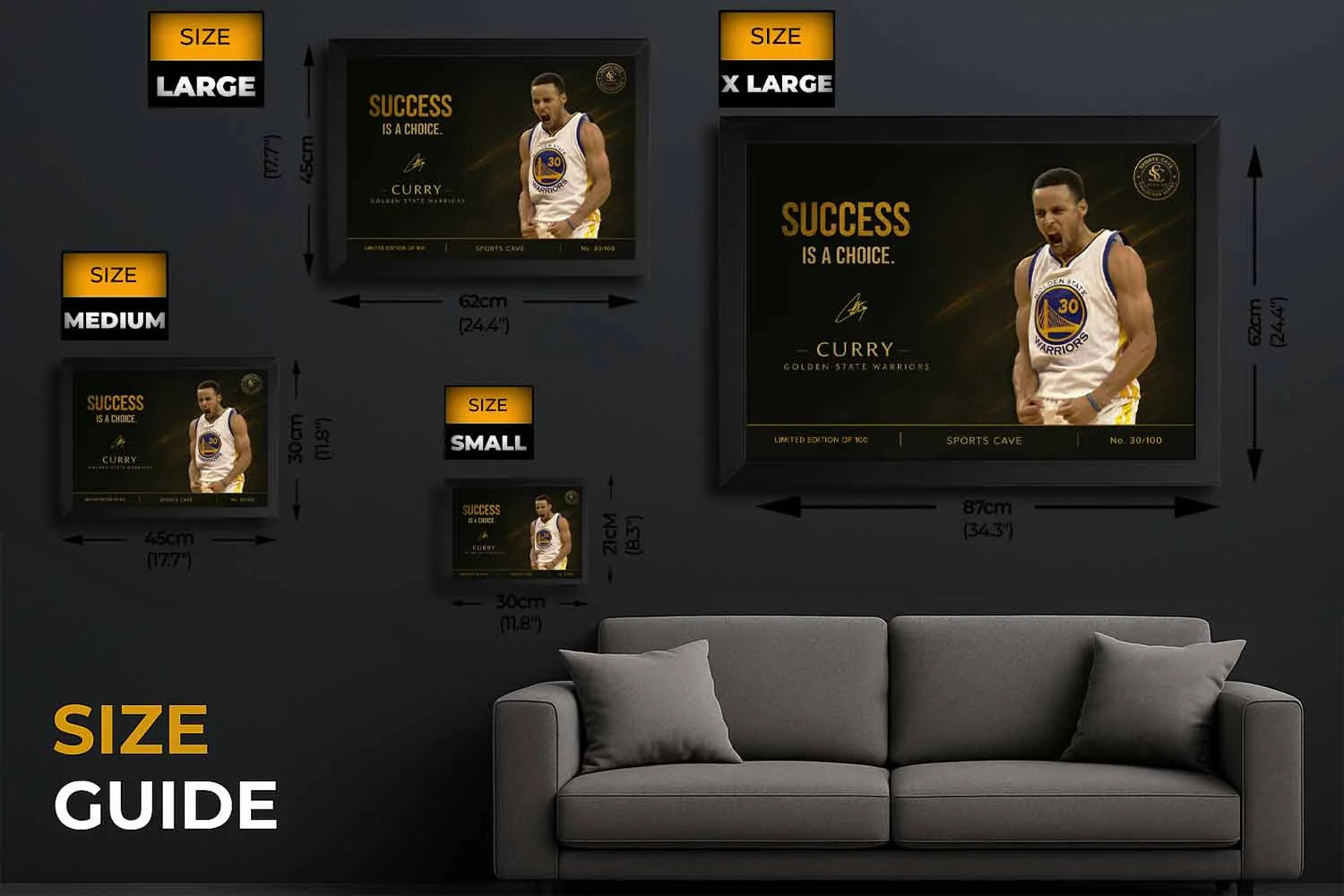 Stephen Curry success is a choice sports wall art size guide showing small medium large and extra large framed prints above sofa