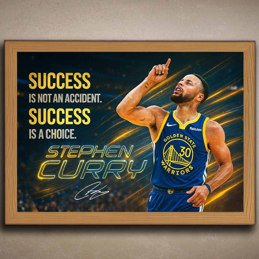 Stephen Curry oak framed inspirational wall art print in Golden State Warriors jersey, available at www.sportscaveshop.com.