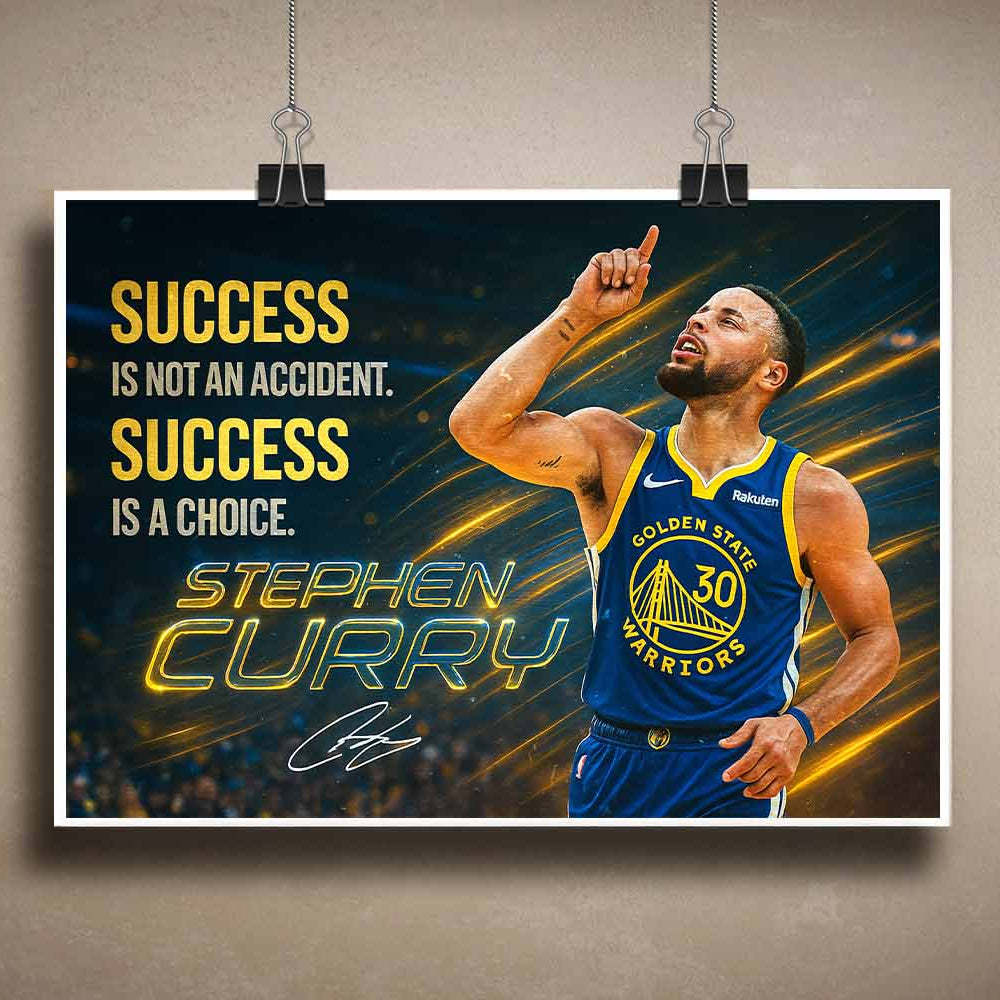 Stephen Curry poster inspirational wall art print in Golden State Warriors jersey, available at www.sportscaveshop.com.