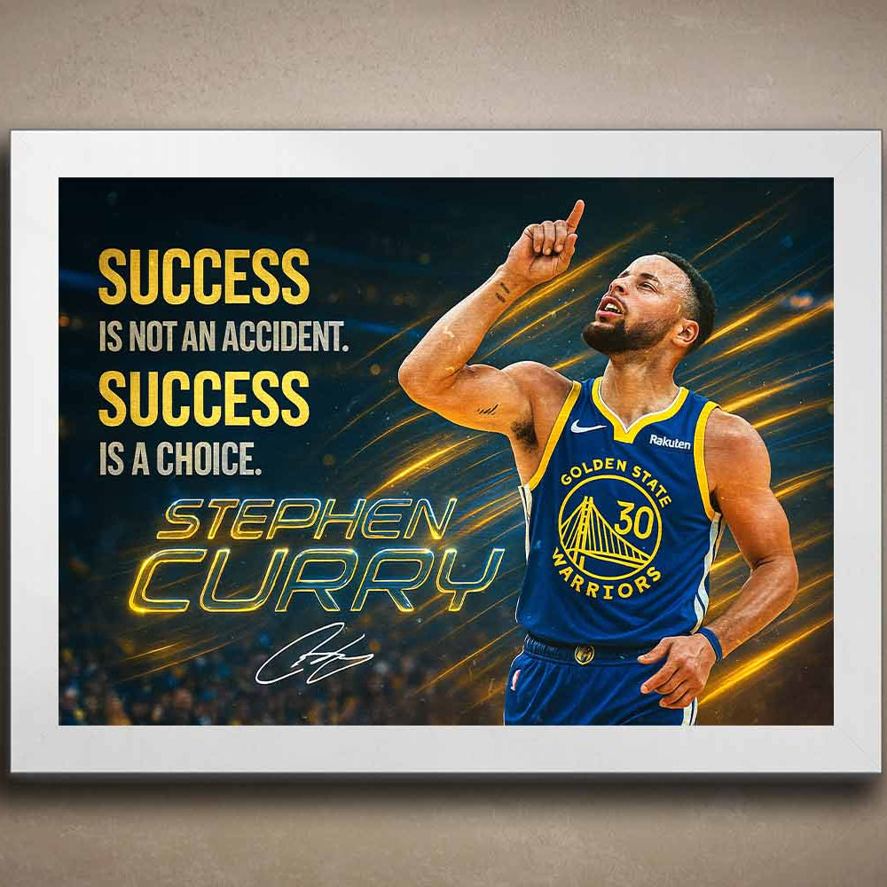 Stephen Curry white framed inspirational wall art print in Golden State Warriors jersey, available at www.sportscaveshop.com.