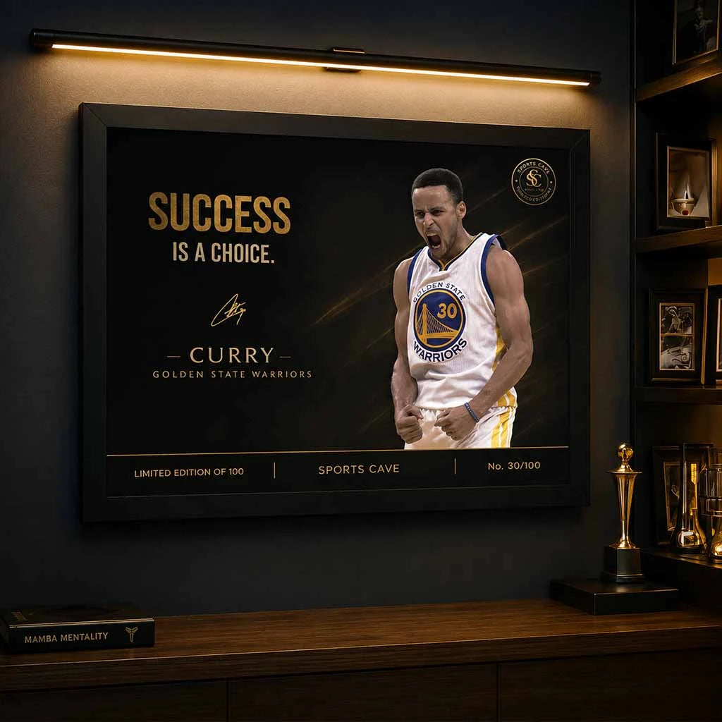 Stephen Curry success is a choice wall art displayed in premium sports collector room with trophies – NBA wall art by Sports Cave