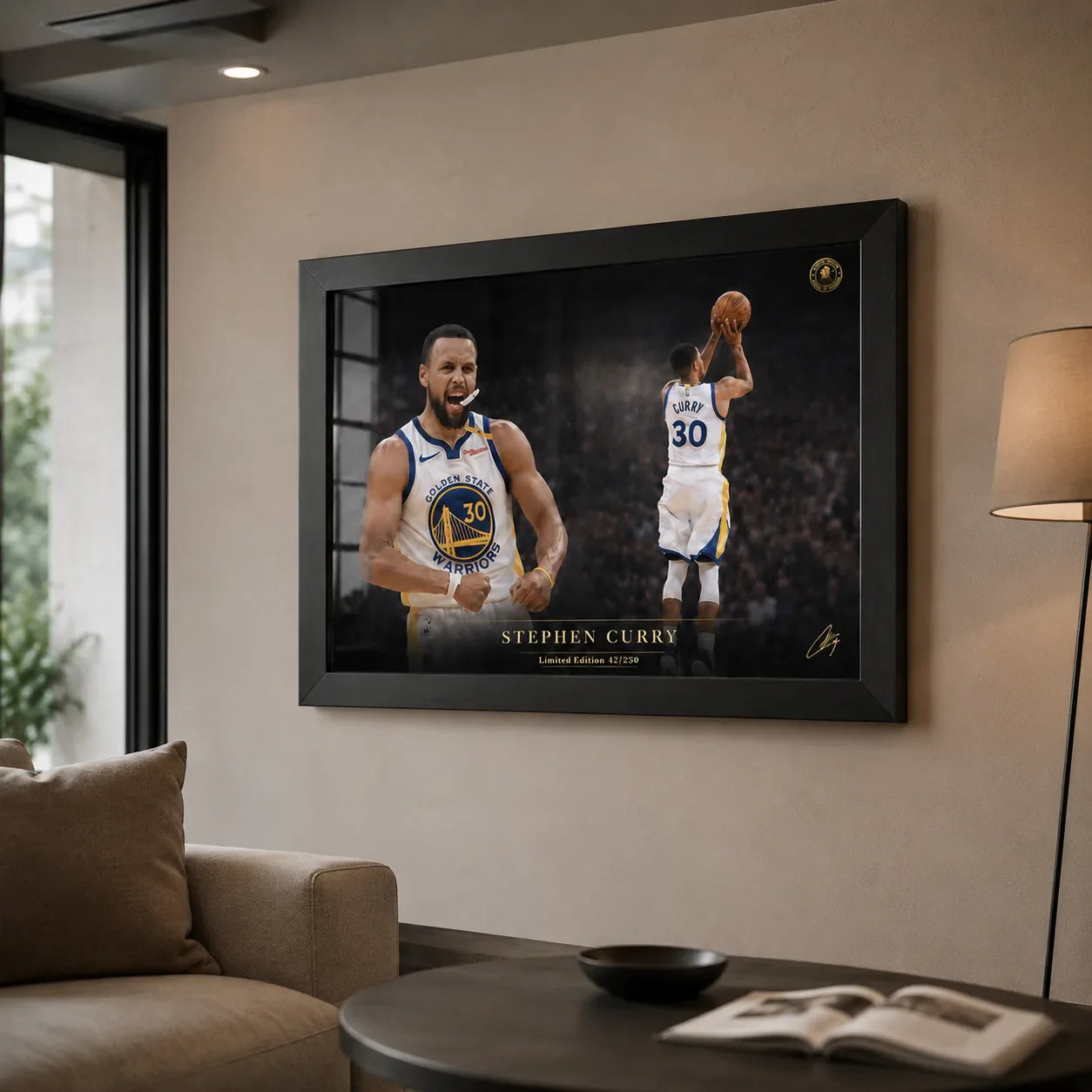 Black framed Stephen Curry basketball wall art displayed in a modern living room with neutral decor.