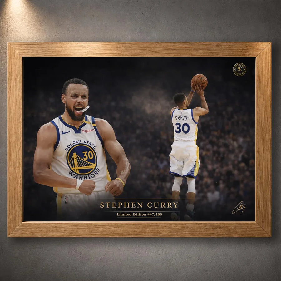 Stephen Curry Golden Legacy basketball print shown in an oak frame on a textured grey display wall.