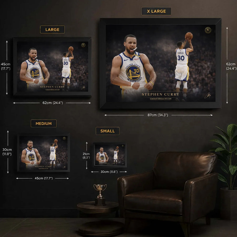 Stephen Curry basketball wall art size guide showing small, medium, large, and XL framed print options.