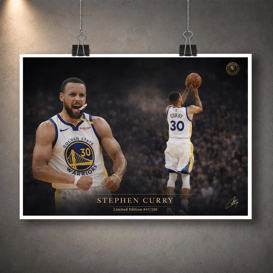 Unframed Stephen Curry Golden Legacy basketball print on a textured grey wall.