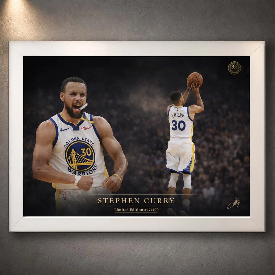 Stephen Curry basketball wall art shown in a white frame against a textured grey display wall.