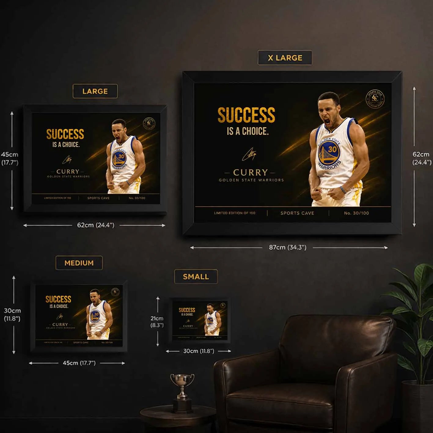 Stephen Curry success is a choice sports wall art size guide showing small medium large and extra large framed prints above sofa