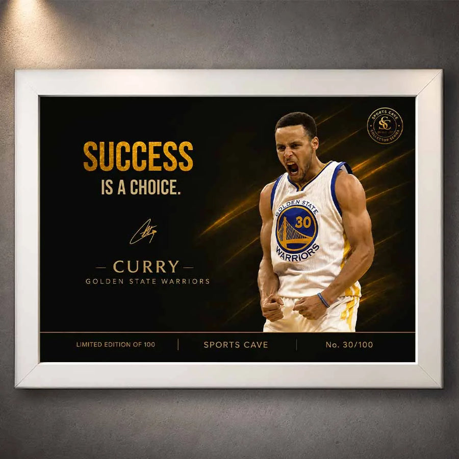 Stephen Curry success is a choice white framed NBA wall art – modern sports decor by Sports Cave