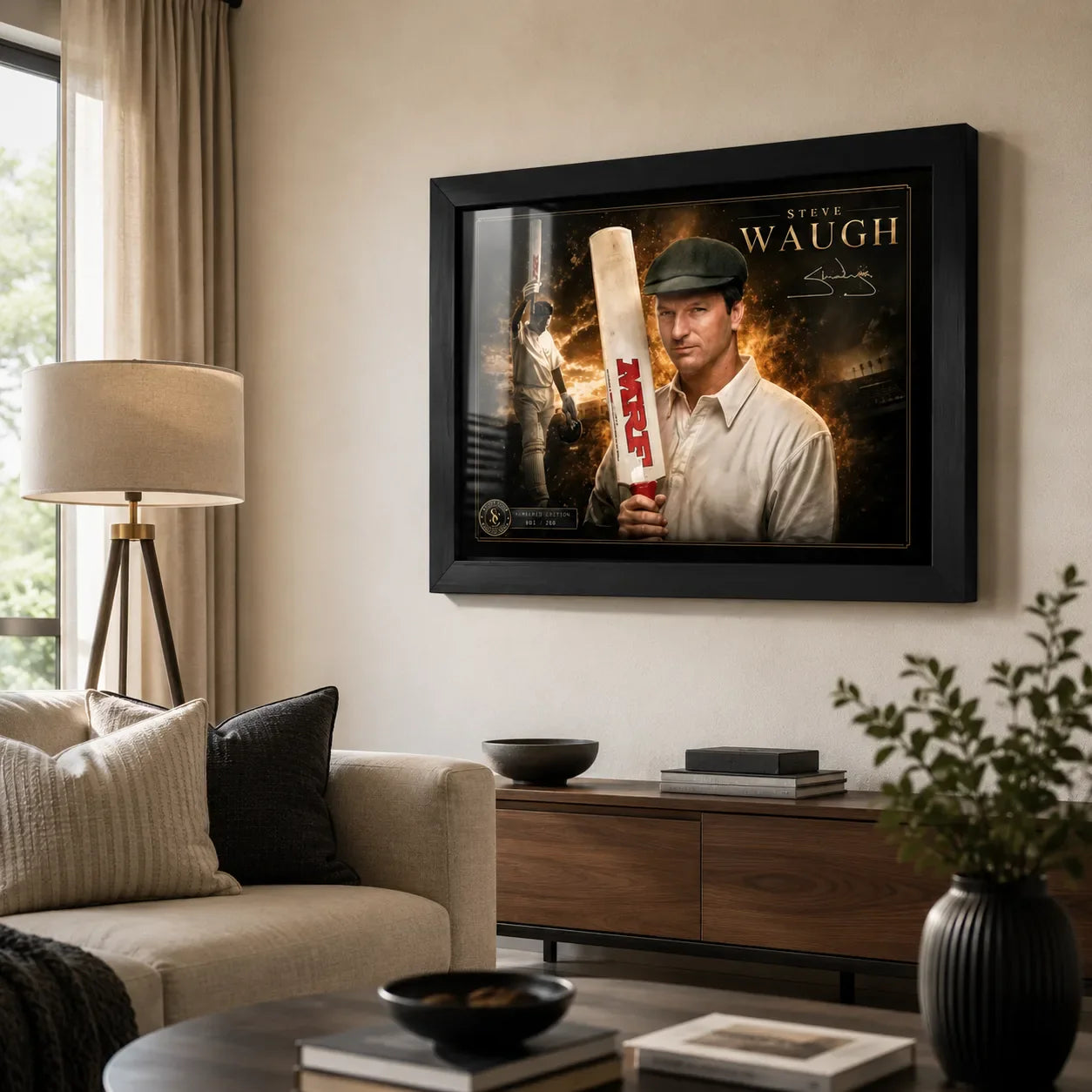 Steve Waugh framed cricket wall art displayed in a premium neutral living room above a timber cabinet.