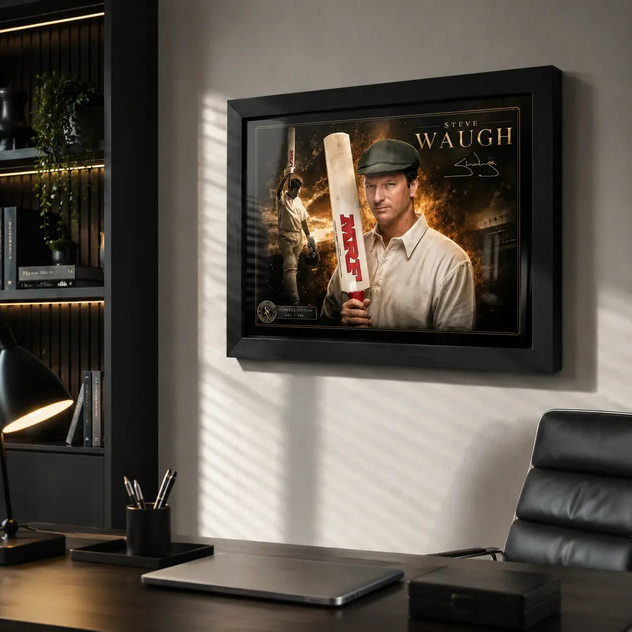 Steve Waugh framed cricket wall art displayed in a refined home office above a dark timber desk.
