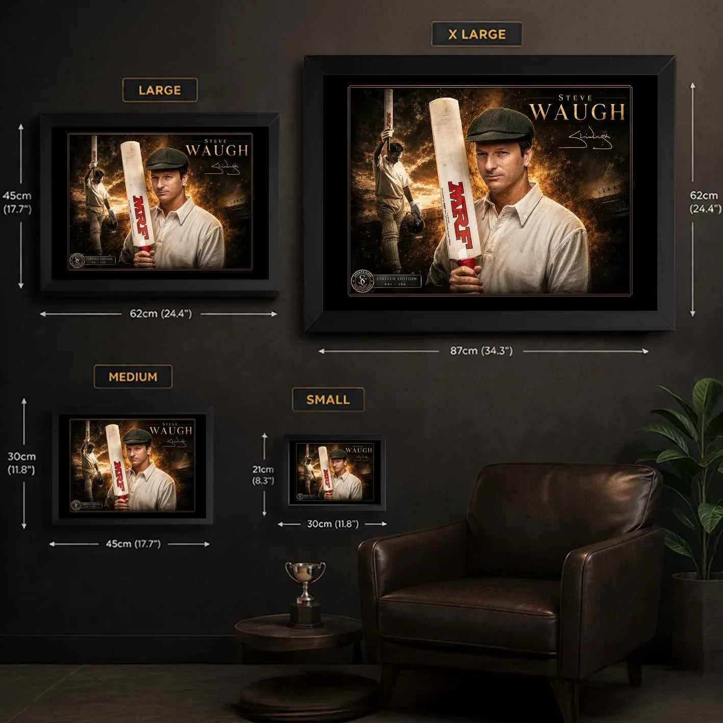 Steve Waugh cricket wall art size guide comparing small, medium, large and extra-large framed options.