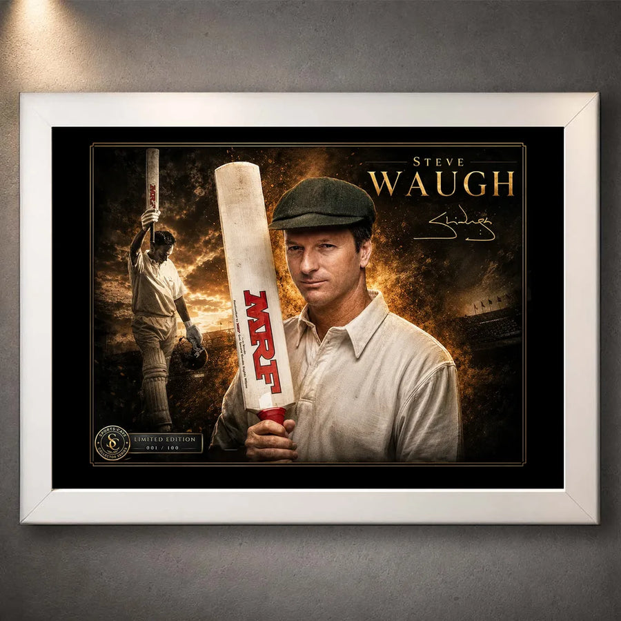 Steve Waugh cricket wall art in a clean white frame, featuring a limited-edition Australian captain tribute.