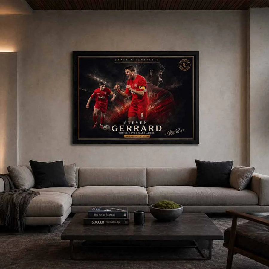 Steven Gerrard Liverpool artwork displayed in a modern man cave above sofa, stylish man cave wall décor focal point.