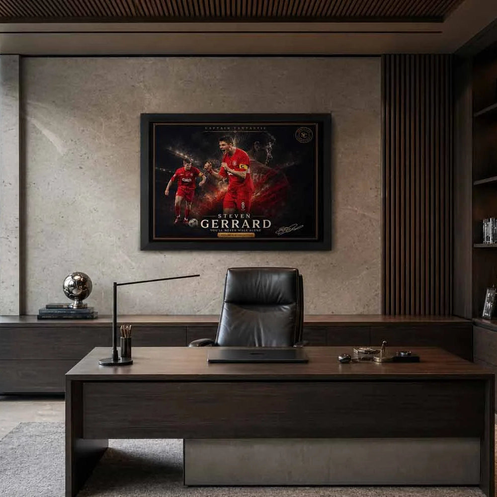 Steven Gerrard Liverpool framed print in a sleek office setting, sophisticated framed sports memorabilia for collectors.