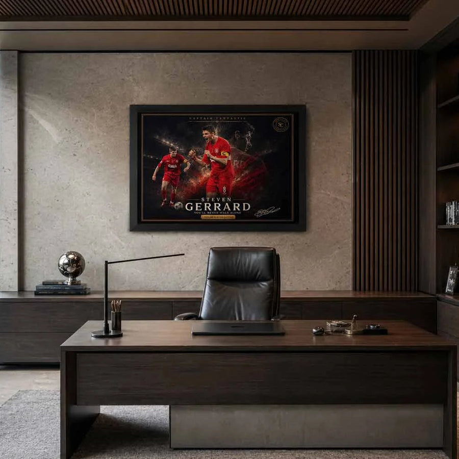 Steven Gerrard Liverpool framed print in a sleek office setting, sophisticated framed sports memorabilia for collectors.