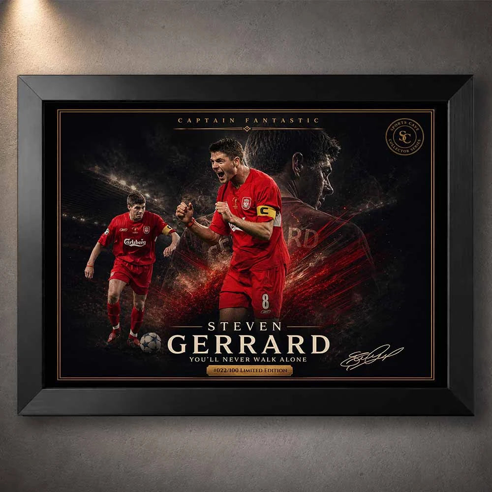 Steven Gerrard “Captain Fantastic” Liverpool artwork in black frame, dramatic stadium scene, premium sports collectibles piece.