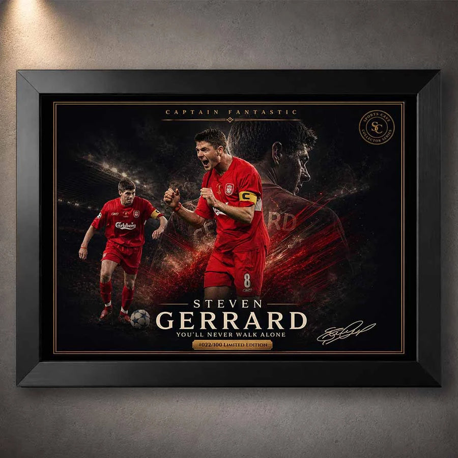 Steven Gerrard “Captain Fantastic” Liverpool artwork in black frame, dramatic stadium scene, premium sports collectibles piece.