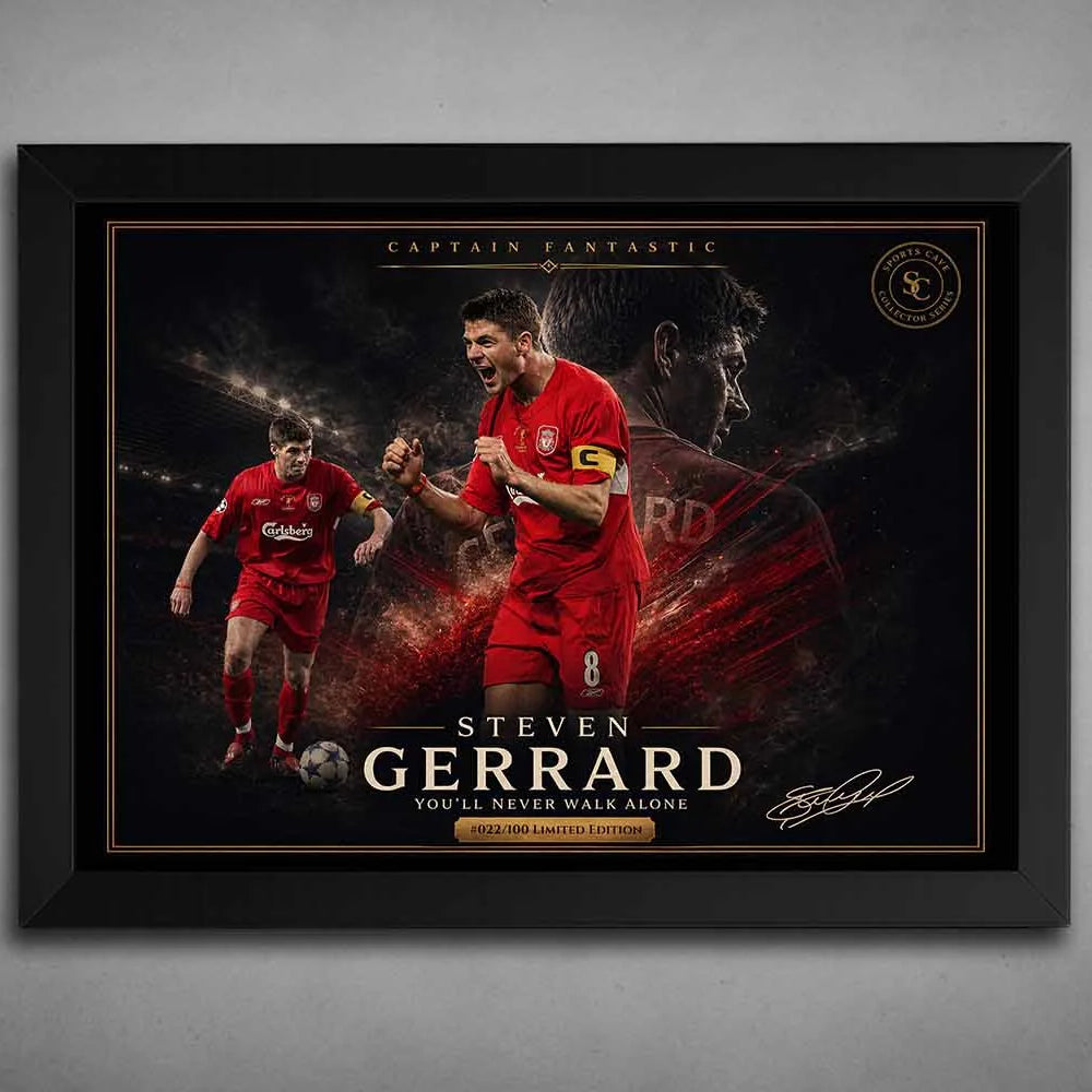 Steven Gerrard “Captain Fantastic” Liverpool artwork in black frame, dramatic stadium scene, premium sports collectibles piece.