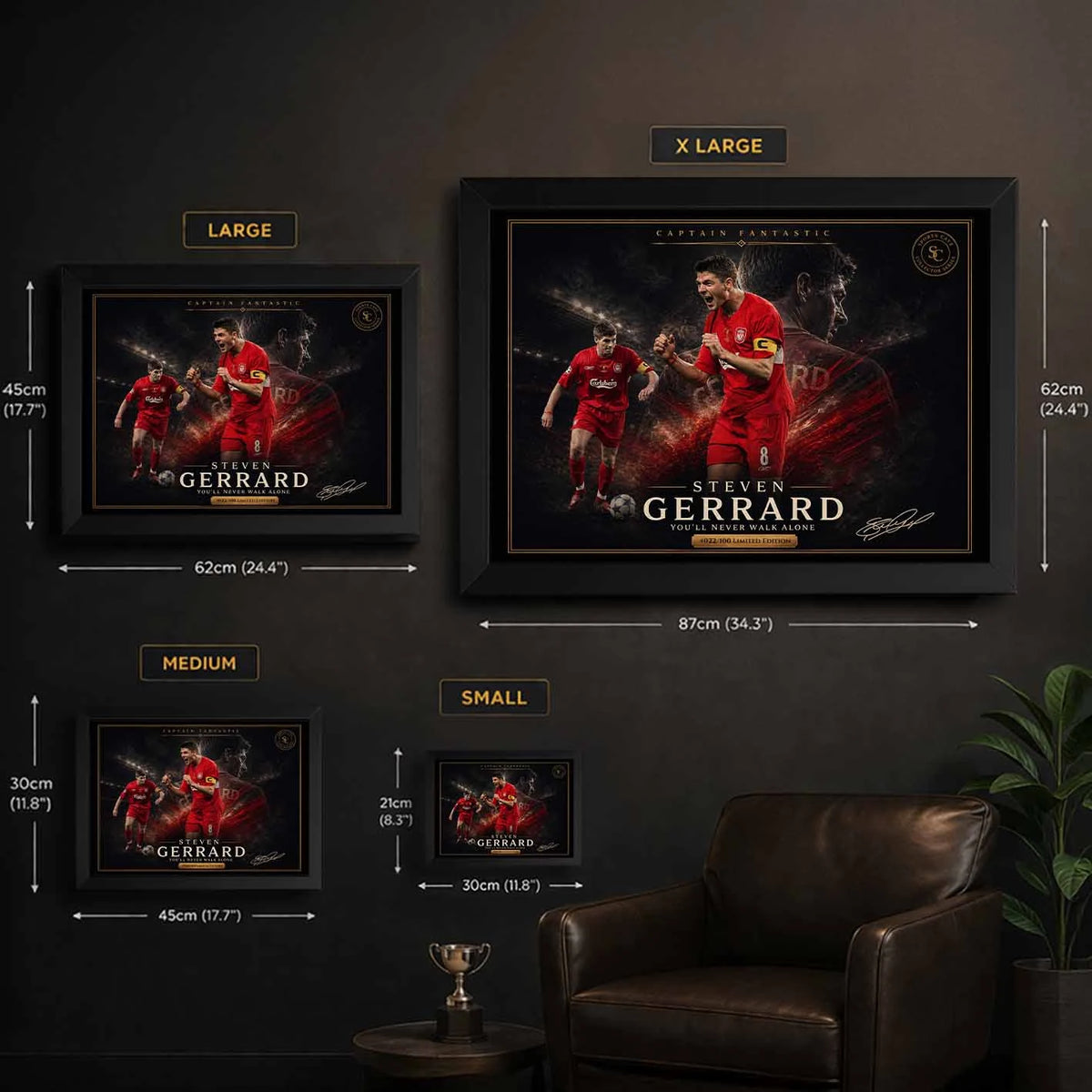 Steven Gerrard Liverpool artwork size guide showing multiple frame options, ideal premium sports collectibles comparison.