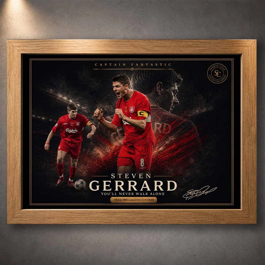 Steven Gerrard Liverpool legend artwork in oak frame, bold red kit action scene, elegant framed sports art for display.