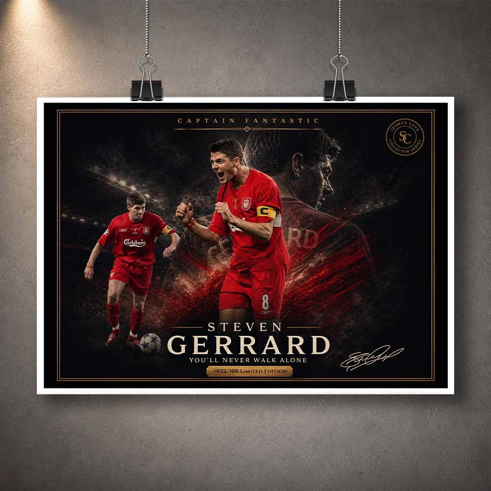 Unframed Steven Gerrard Liverpool print showcasing iconic moments and signature, striking limited edition sports prints design.