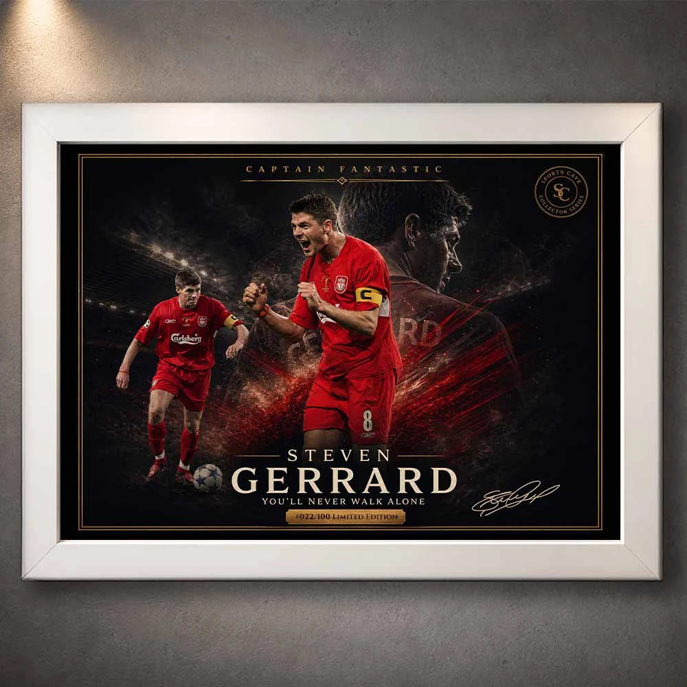Steven Gerrard framed Liverpool wall piece in white mount, cinematic lighting and legacy design, refined sports wall art.