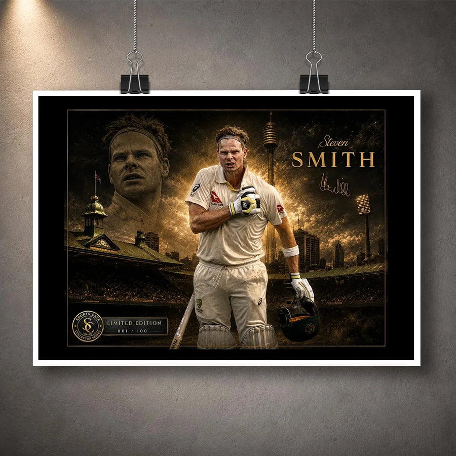 Unframed Steven Smith Ashes Hero cricket wall art print with SCG backdrop and limited edition collector plaque.