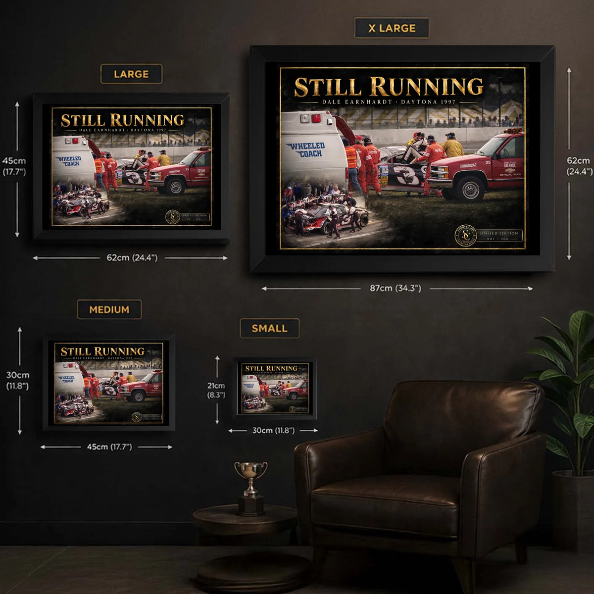 Dale Earnhardt Sr. Still Running wall art size guide showing available framed dimensions.