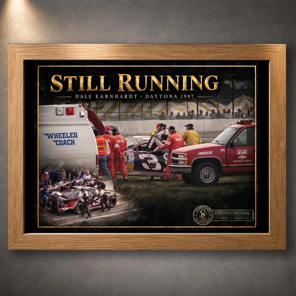 Oak framed Dale Earnhardt Sr. Still Running NASCAR wall art for a motorsport collector display.