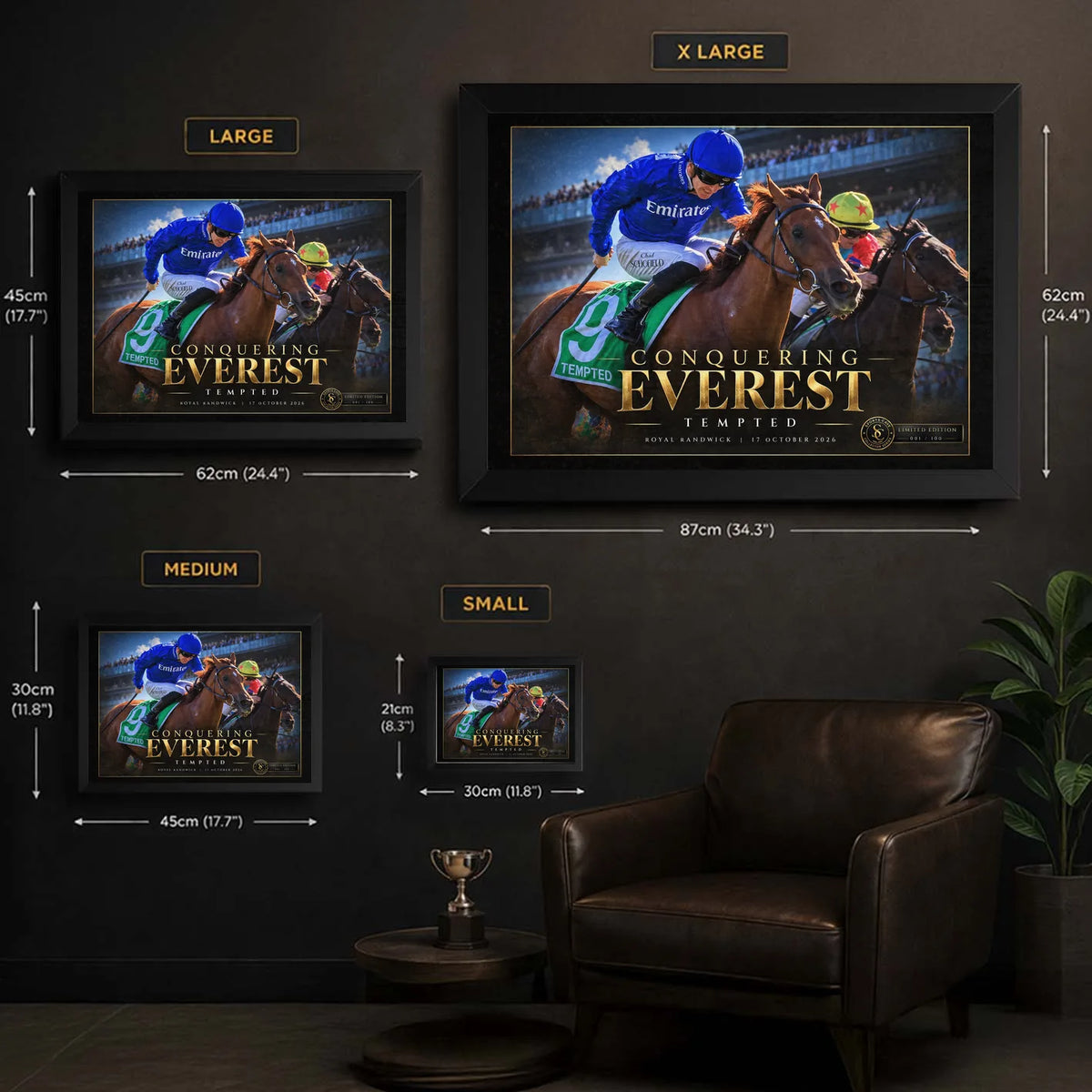 Tempted Conquering Everest framed print size comparison showing Small, Medium, Large and Extra Large dimensions