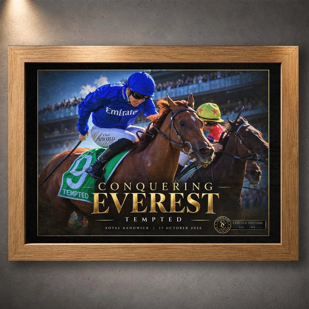 Tempted Conquering Everest horse racing limited edition featuring jockey Chad Schofield in an oak finish frame