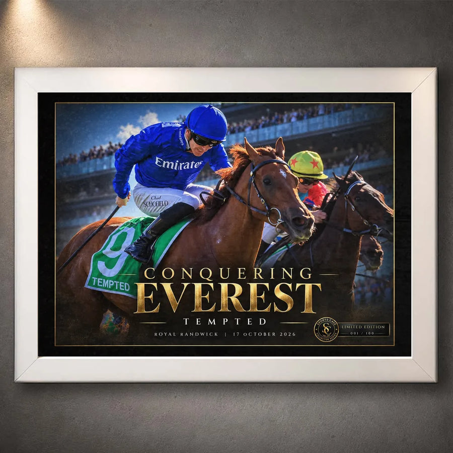 Tempted Conquering Everest horse racing collector edition in a white frame with gold edition typography