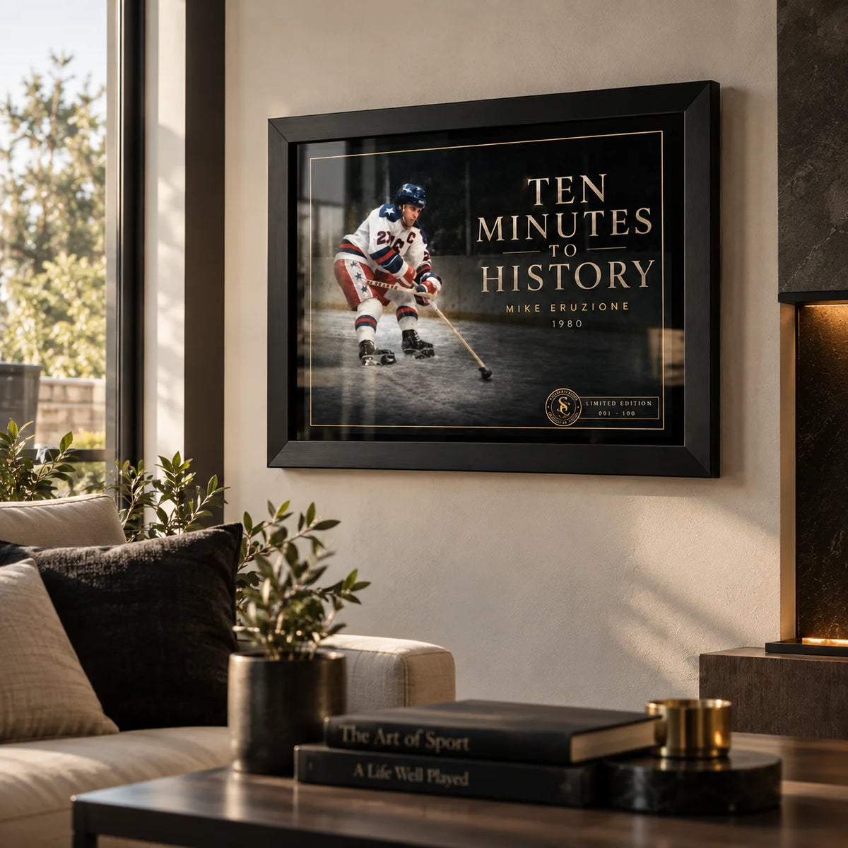 Ten Minutes To History hockey wall art displayed in a bright living room with a black frame above the lounge area.