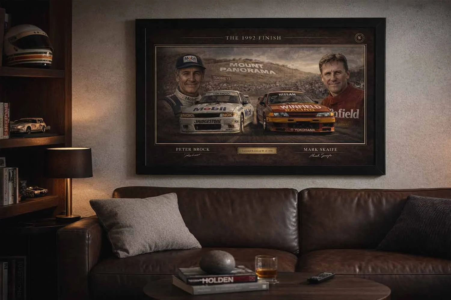 The 1992 Finish black framed sports wall art displayed in a modern man cave setting.