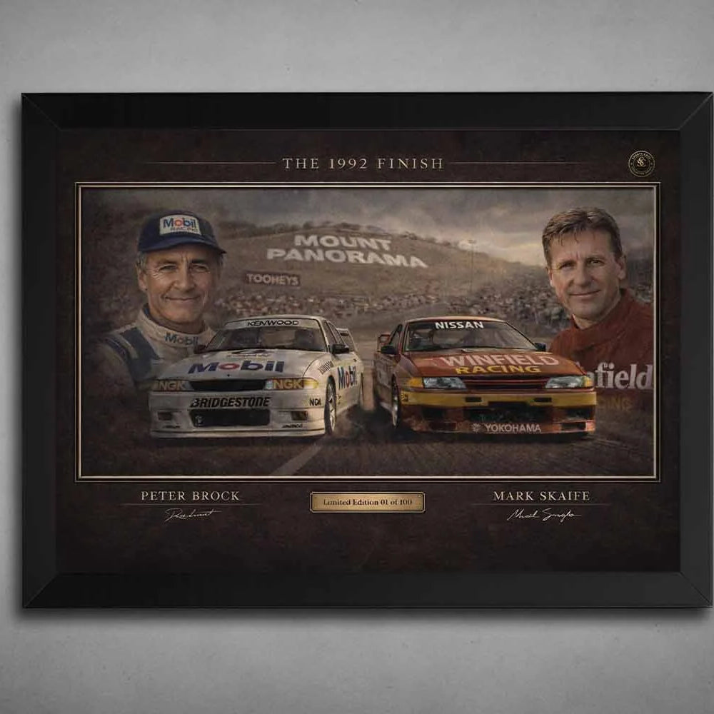 The 1992 Finish motor racing sports wall art in sleek black frame featuring Brock and Skaife at Bathurst.