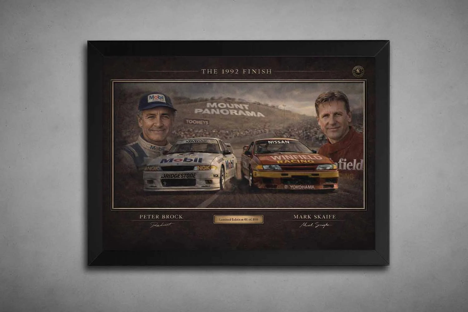 The 1992 Finish motor racing sports wall art in sleek black frame featuring Brock and Skaife at Bathurst.