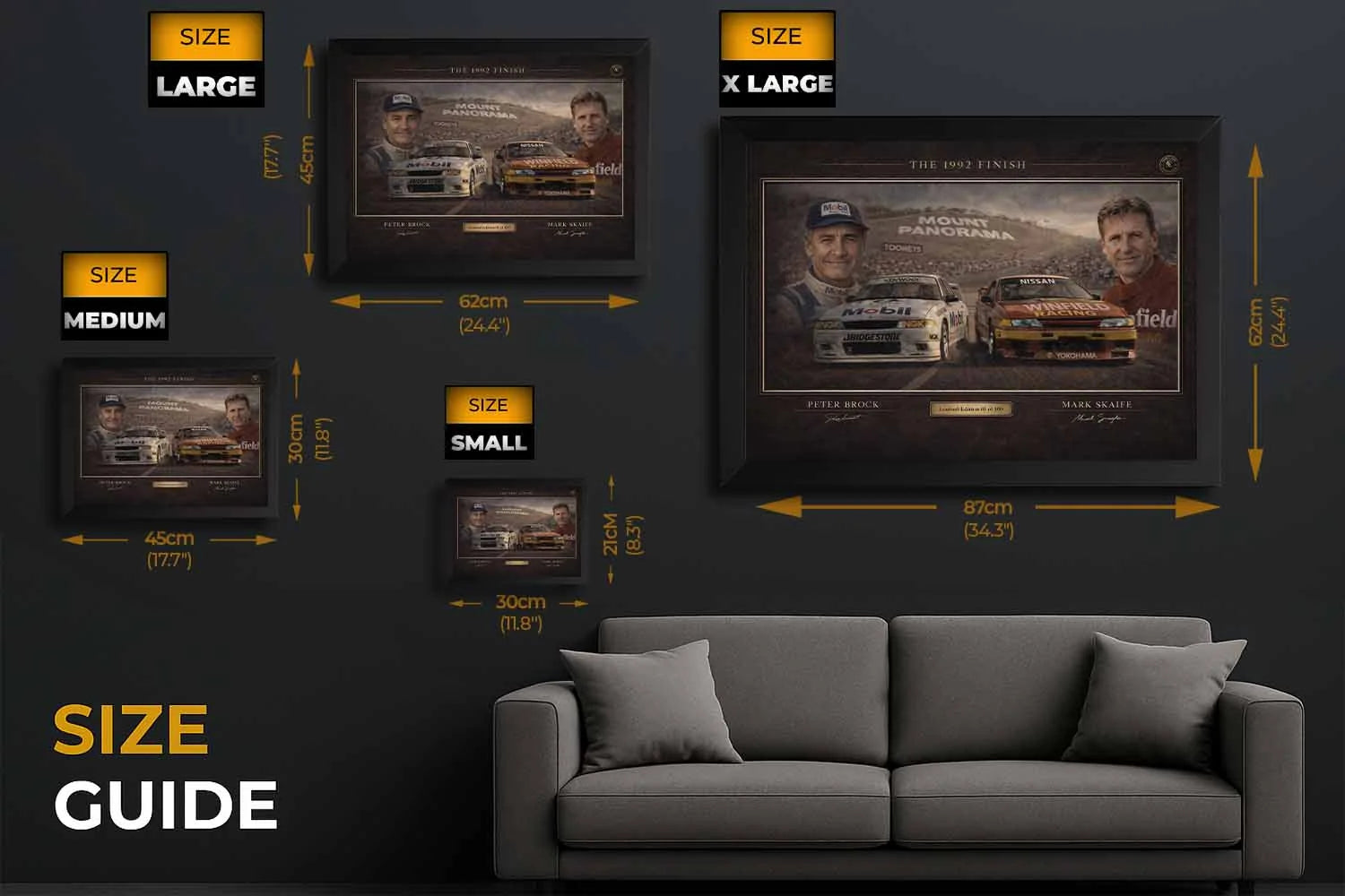 he 1992 Finish limited edition sports prints size guide showing small, medium, large and X large options.