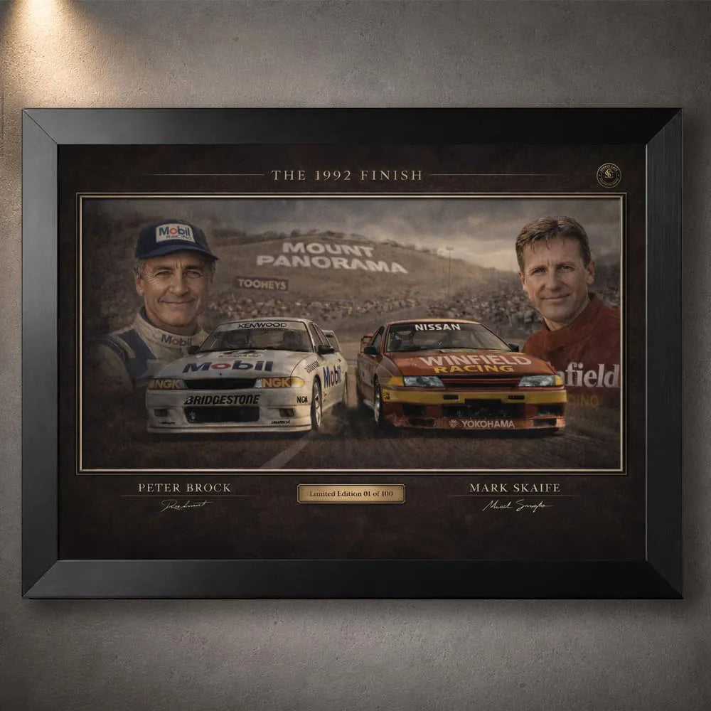 Black framed The 1992 Finish Bathurst wall art celebrating Brock, Skaife and Australian motorsport rivalry legends.