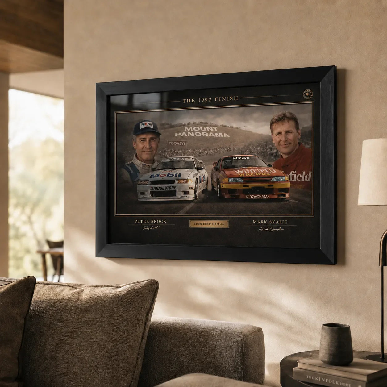 The 1992 Finish Bathurst wall art displayed in a warm living room for collectors of Australian racing history and rivalry.