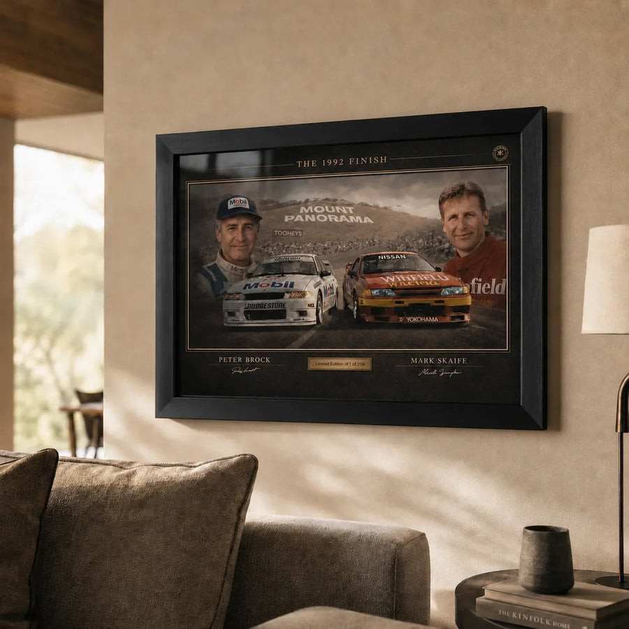 The 1992 Finish Bathurst wall art displayed in a warm living room for collectors of Australian racing history and rivalry.