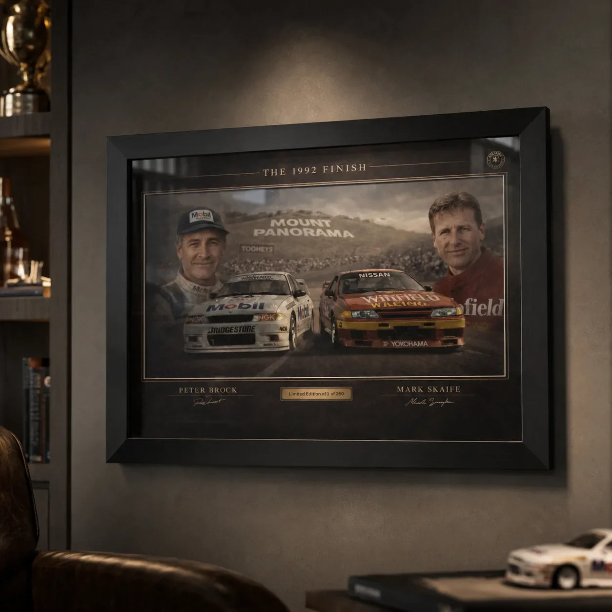 The 1992 Finish framed sports memorabilia styled in a dark man cave for fans of Brock, Skaife and Bathurst history.