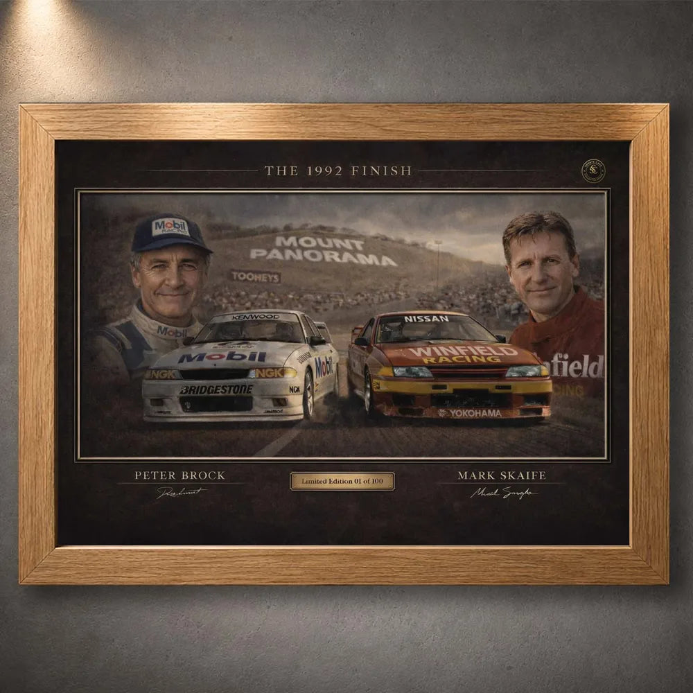 Oak framed The 1992 Finish Bathurst wall art with collector styling for fans of Australian motorsport history and rivalry.