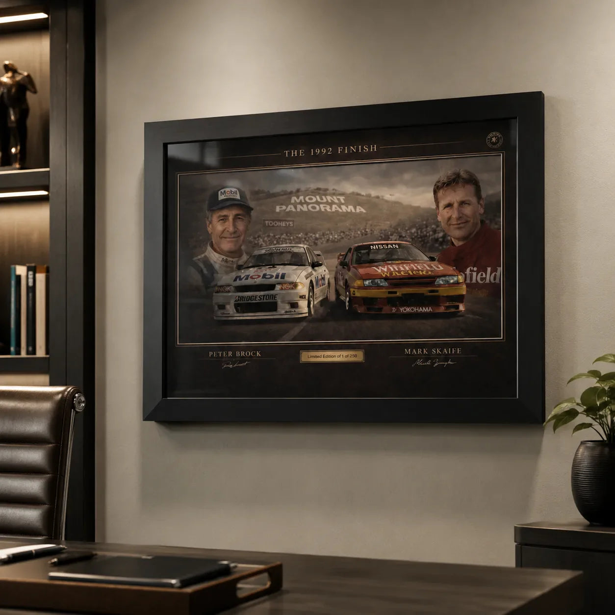 The 1992 Finish Bathurst motorsport wall art displayed in a refined office for V8 racing collectors and Mount Panorama fans.