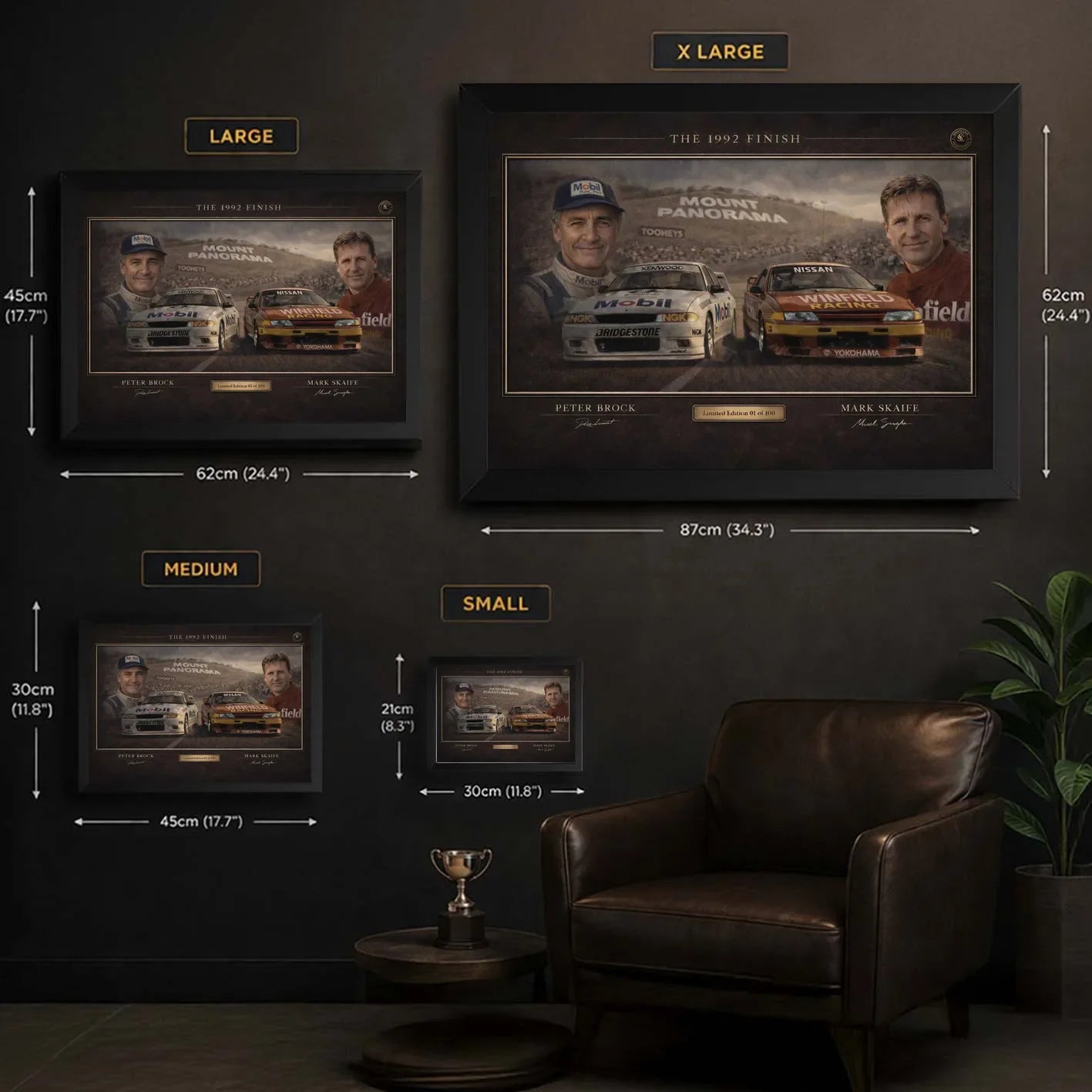 The 1992 Finish motorsport wall art size guide showing framed options for Bathurst and V8 racing collectors at home.
