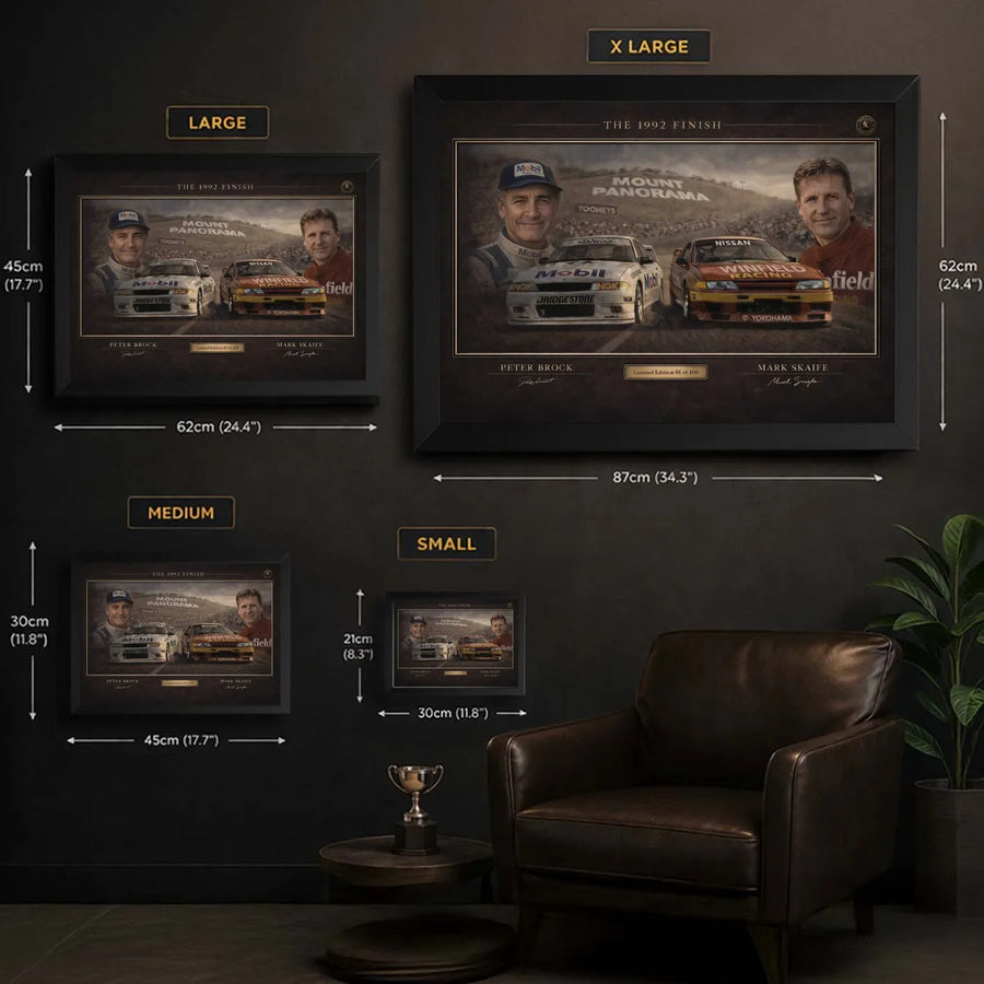 The 1992 Finish motorsport wall art size guide showing framed options for Bathurst and V8 racing collectors at home.